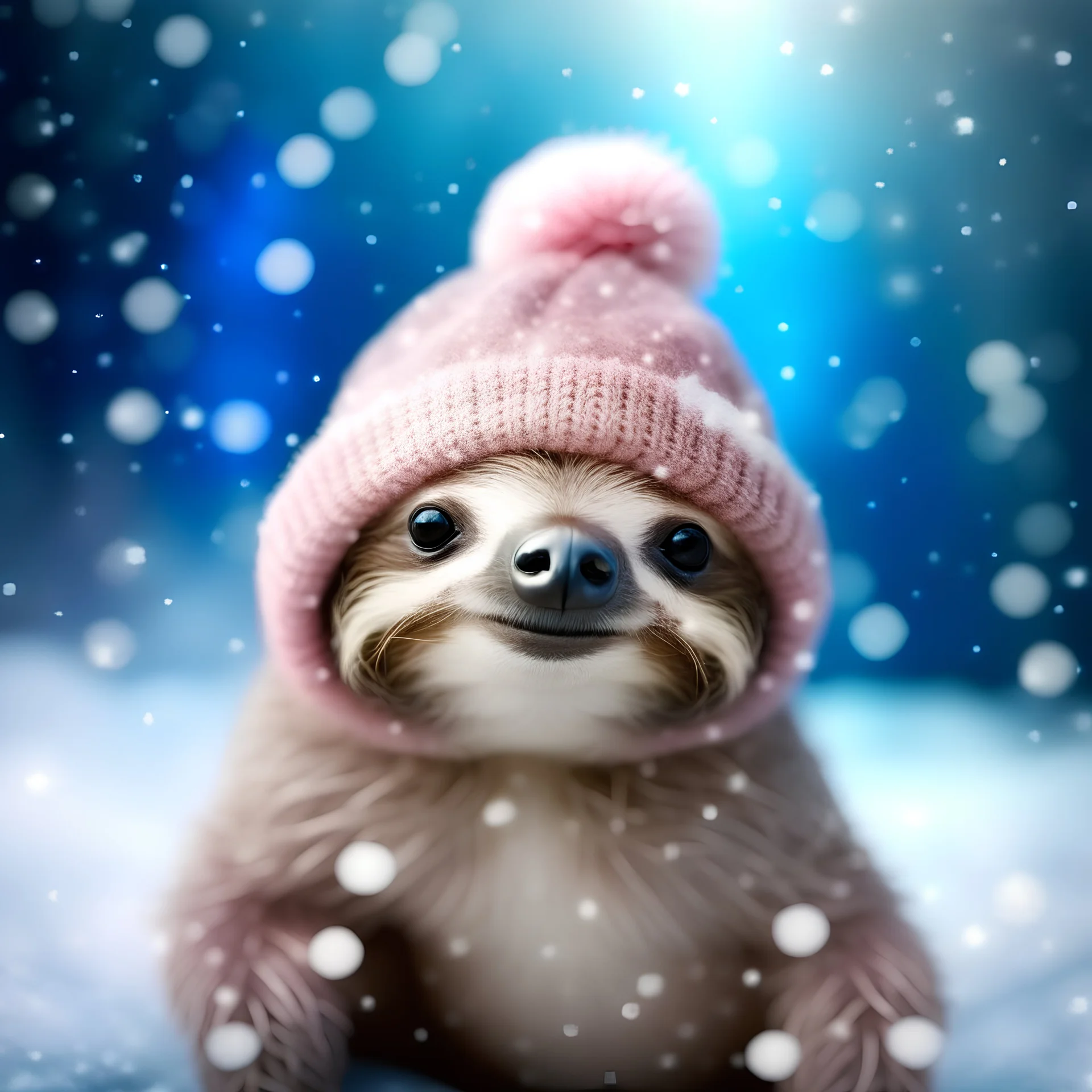 Cute fluffy soft fuzzy sloth with big starry universe eyes, wearing Christmas hat. Sweet Christmas pastel colours. Sitting in Christmas tree, surrounded by snow. Snowflakes, winter sparkles, dark Christmas night magic all around.