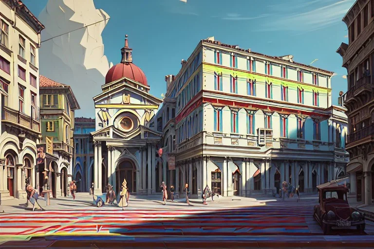 Vignola classicism ,palladio,uphill road building ,red blue yellowVarious colourful city,A beautiful,liveable street with beautiful Human scaled,mid raise building,green building,plants,tree,stairs,detailed facades,Eye level,hyperrealistic,photorealistic,4k,