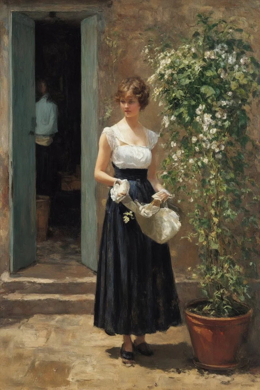 one woman taking flowers of the pot, house, vegetations, dirt, alfred stevens, and gustave caillebotte paintings