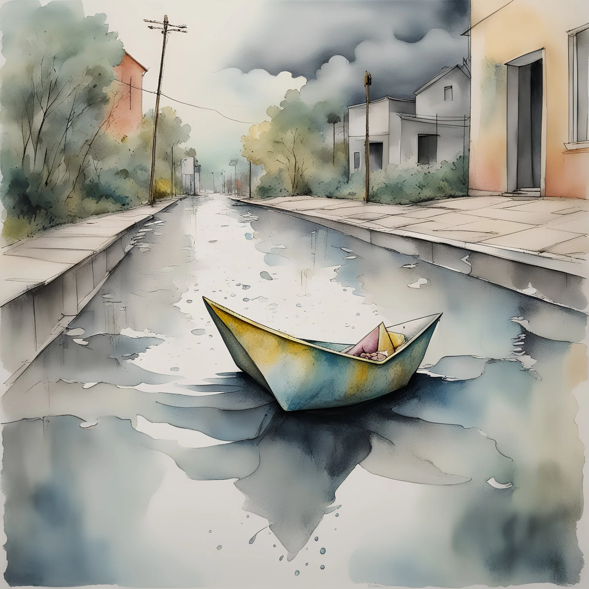 Close up of a simple paper boat floating on rainwater runoff down a suburban street toward a storm-drain on sidewalk, watercolor and ink painting with long loose brushstrokes, dramatic, beautiful, unsettling, eerie, minimal, by Roberto Matta