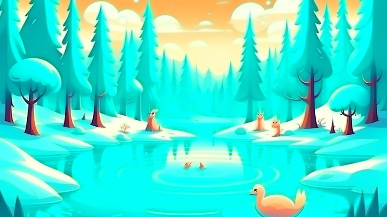 cartoon illustration: beautiful magic frozen lake with pines and magic creatures