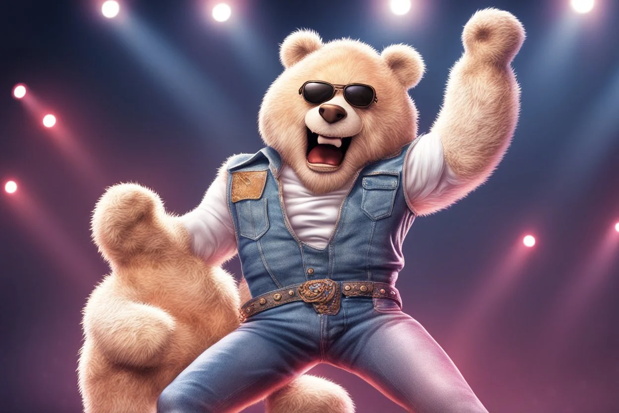 Fuzzy Teddy bear looks like Freddie Mercury on stage singing dressed in tight jeans and white sleeveless t-shirt, hyperreal, comic concept art.