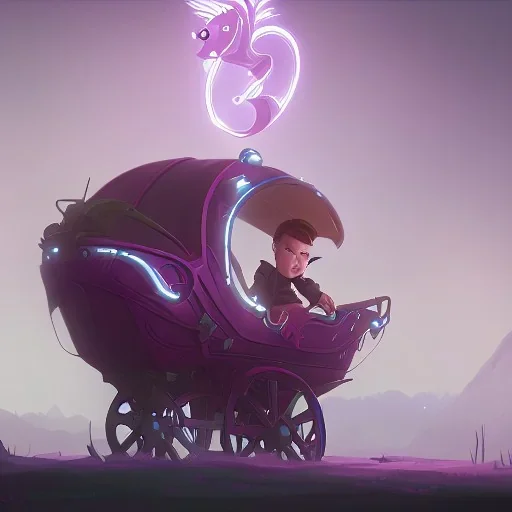 Little Boy hiding in magical carriage led by unicorns Nick Harris style