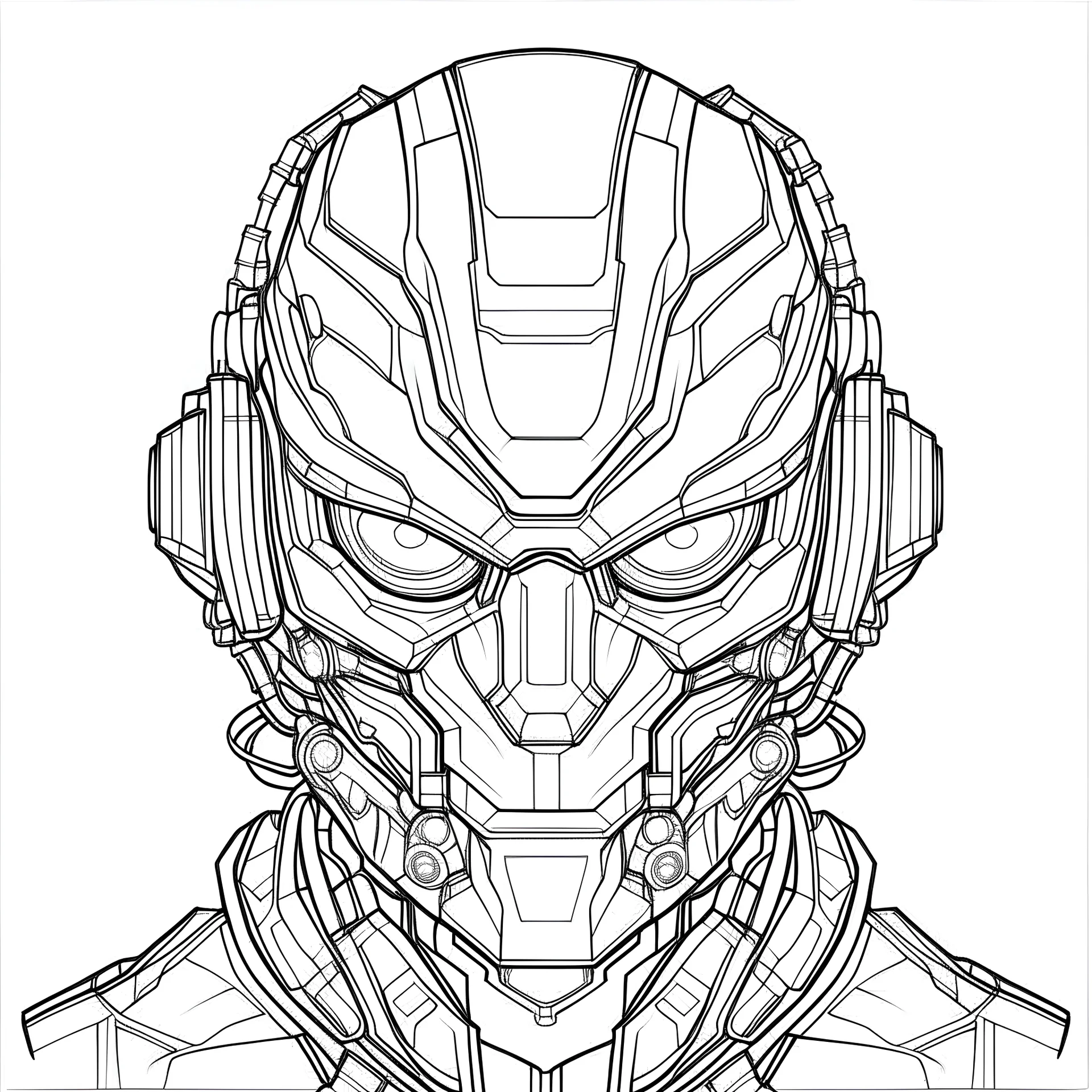 outline art for square cyborg bust coloring page for kids, classic manga style, anime style, realistic modern cartoon style, white background, sketch style, only use outline, clean line art, no shadows, clear and well outlined