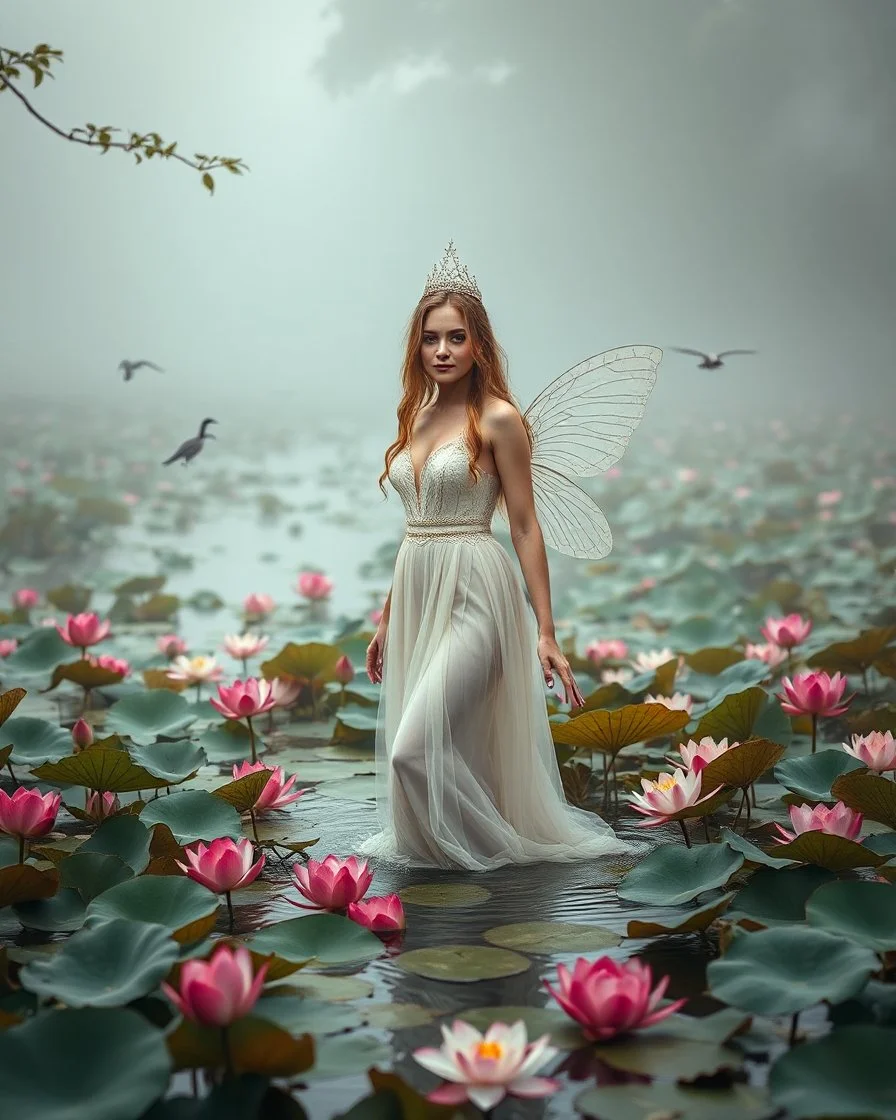 Lens focus DSLR Camera Photography full length image beautiful humanoid Russian Pretty Girl as A Fairy Queen sorrounded full of lotus flowers leaves plenty,fullbody pretty fairy lady drown into the river swim on swampriver and the wonderful river sorrounded birds and flowers, morning heavy fog and smokes background,realistic potrait photoshoot experiences photographer