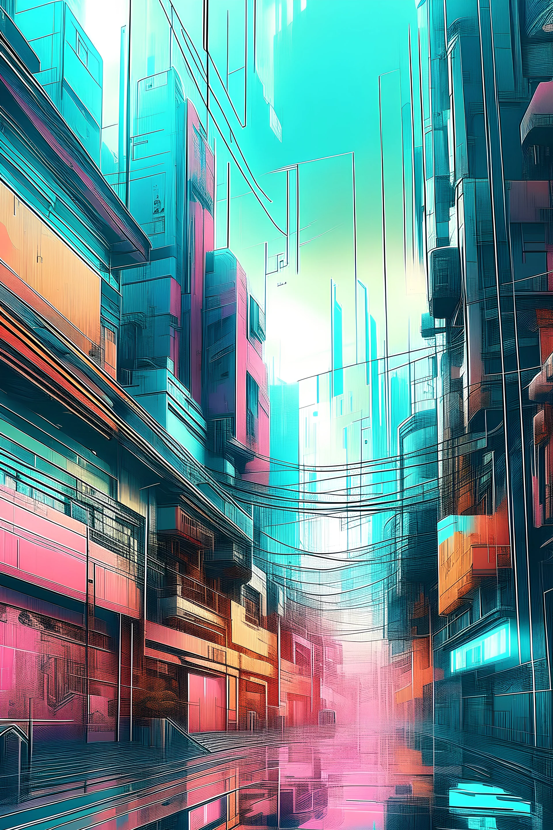 an innovative mixed media style digital art combining 3D, glitch art, and photography. Feature futuristic cityscapes with unexpected textures, layers, and dimensions.