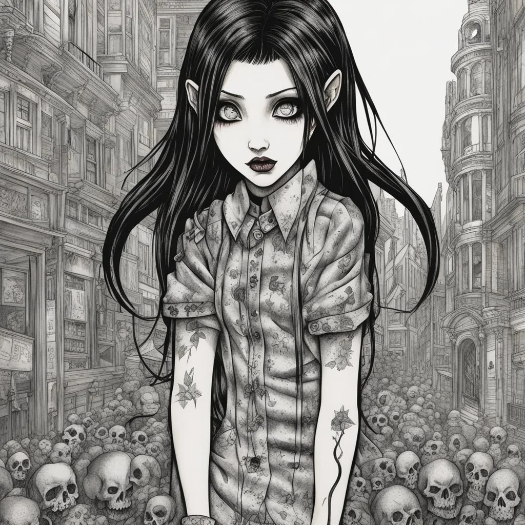 create a full body portrait illustration of a dark haired vampire gothpunk girl with highly detailed , sharply defined feminine facial features, in a chaotic, turbulent, otherworldly London in the anime horror style of Junji Ito, precisely drawn, inked, with dramatic edges,