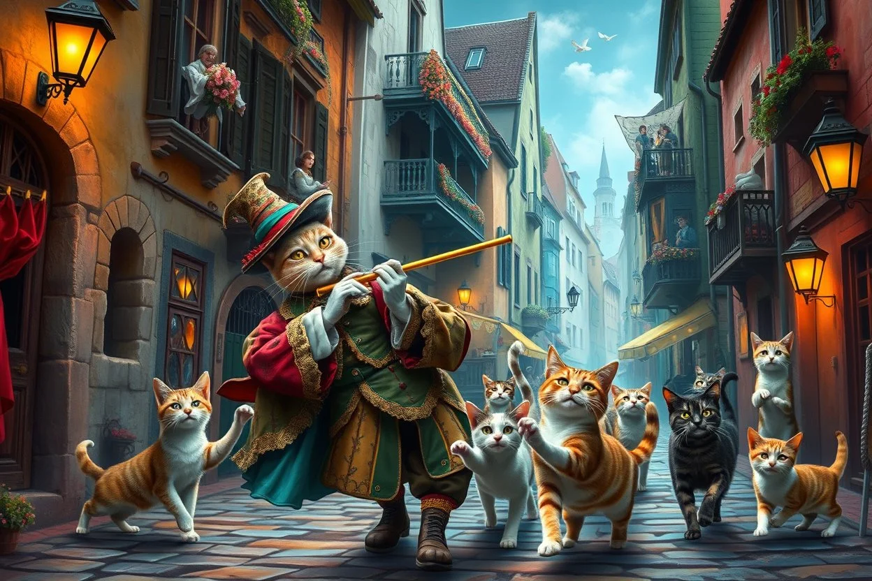 create "The Cat Pied Piper of Hamelin, whimsical and colorful Renaissance attire, playing a golden flute, leading playful and mischievous cats through vibrant, cobbled Renaissance streets, people on balconies laughing and pointing, surreal lighting, dreamlike vibe, highly detailed, vivid colors, painterly style, 8K, magical realism meets historical fiction --v 7 --ar 4:3 --style raw --q 2"