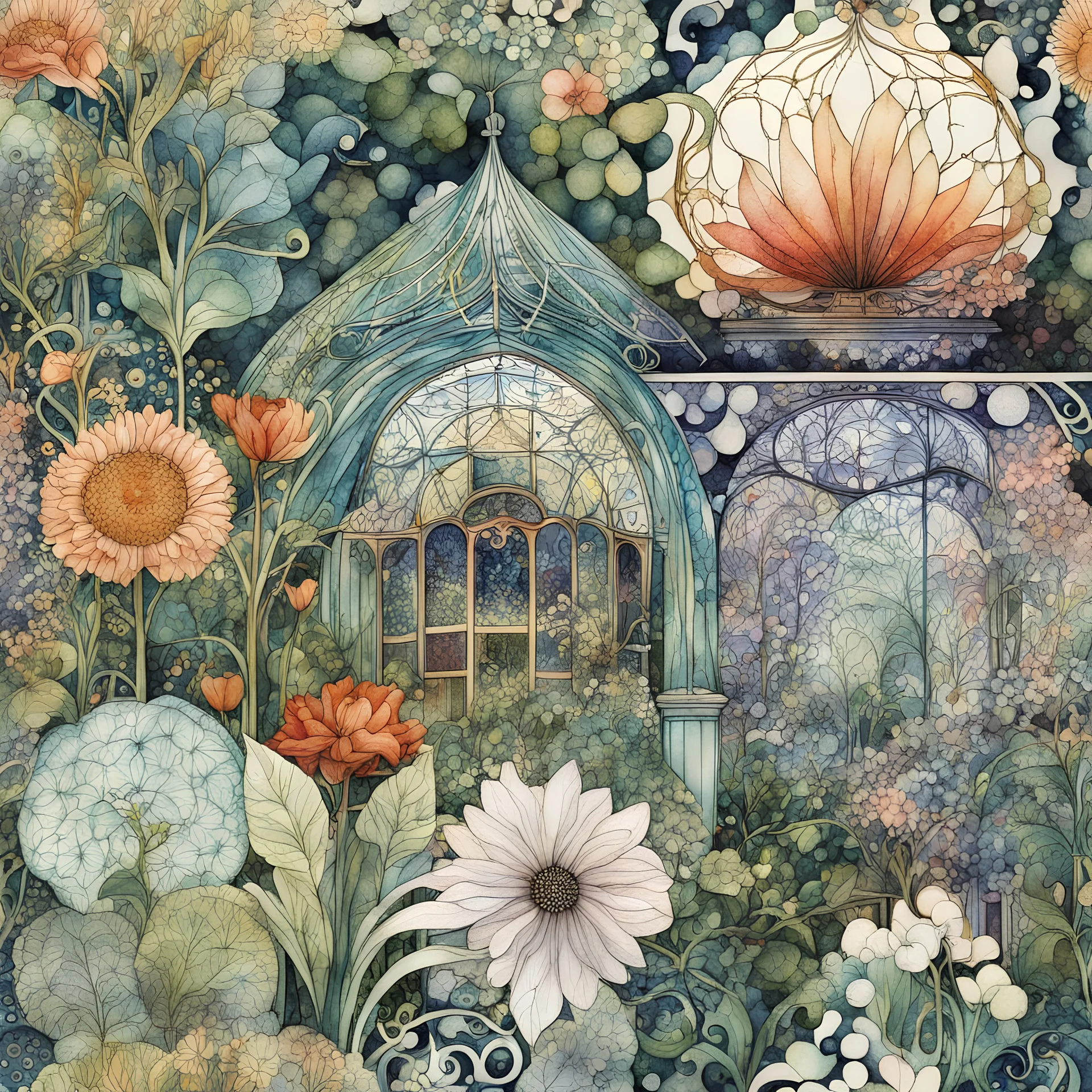 random watercolor Zentangle patterns in the styles of Gustav Klimt ,Wassily Kandinsky, Alphonse Mucha, and Kay Nielsen that depicts a wild Victorian botanical greenhouse, with fine ink outlining