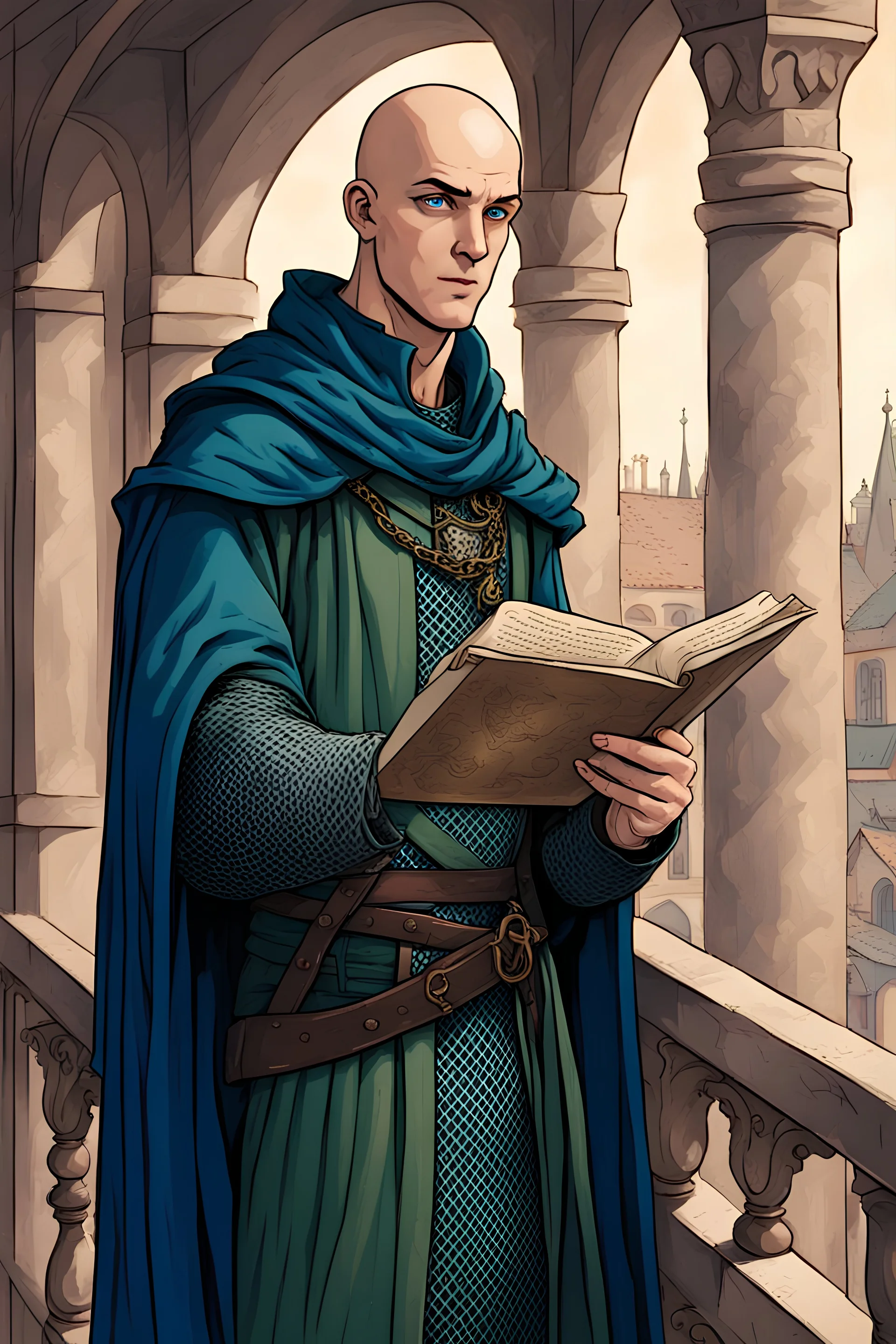 young adult man, bald with blue eyes, green renaissance clothes, blue cloak, chain mail, reading a scroll, standing in a balcony, comicbook art style