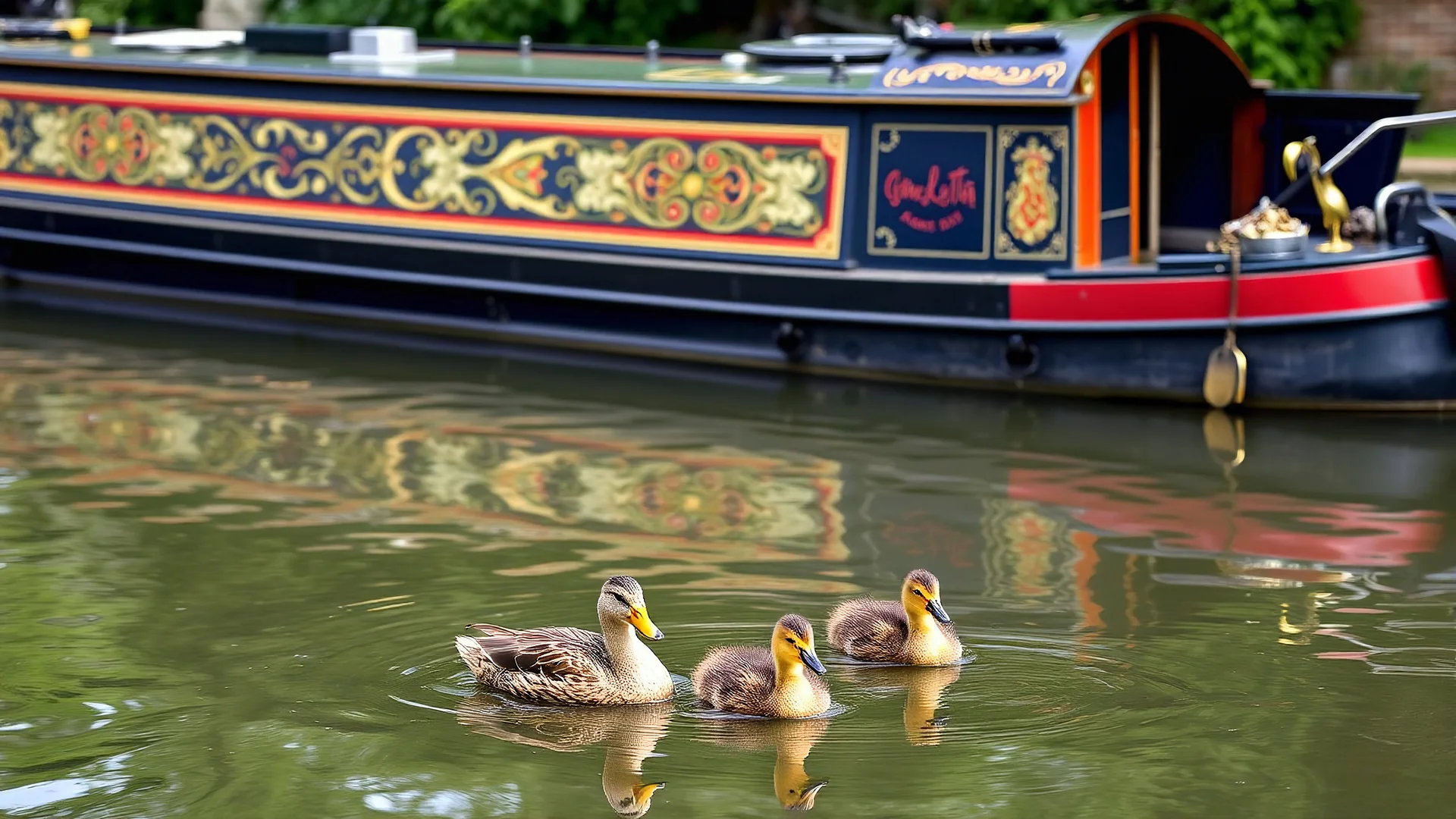 Historic traditional English canal barge, long boat on an English canal. The boat is beautifully painted in an ornate, colourful traditional style. A female duck and five tiny ducklings are swimming on the canal. Award-winning colour photograph.