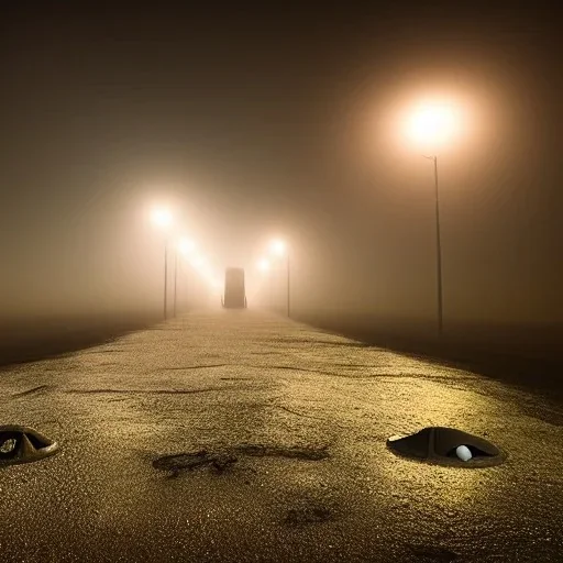  street view in night ,ufo, Egyptian Pyramids, foggy, muddy floor, post apocalyptic,