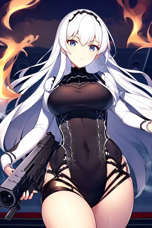 close-up gothic anime girl, white hair, tight outfit with gun on thigh, standing on a train track, smoke and fire surroundings, she is dull and dark, looks determined , train approaching behind her,