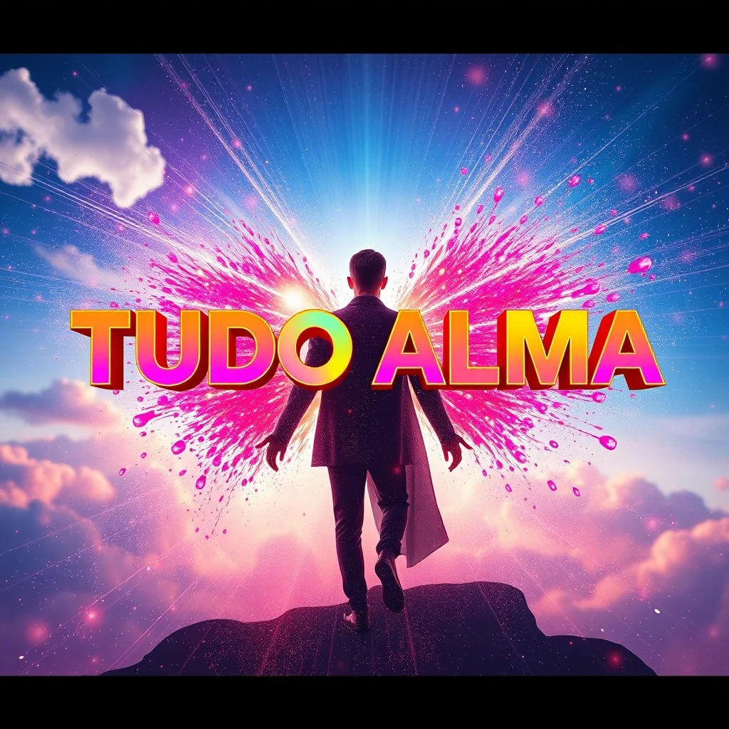 A dream-like album cover with vibrant and dynamic design. The title 'TUDO ALMA' is prominently displayed in sleek colored typography that glows against the sky full of light dissolving into a particles of colorful and strong sound waves, symbolizing the fusion of soul in all art. Surrounding the figure are particles of light, all pulsating with energy, creating a sense of movement and rhythm.