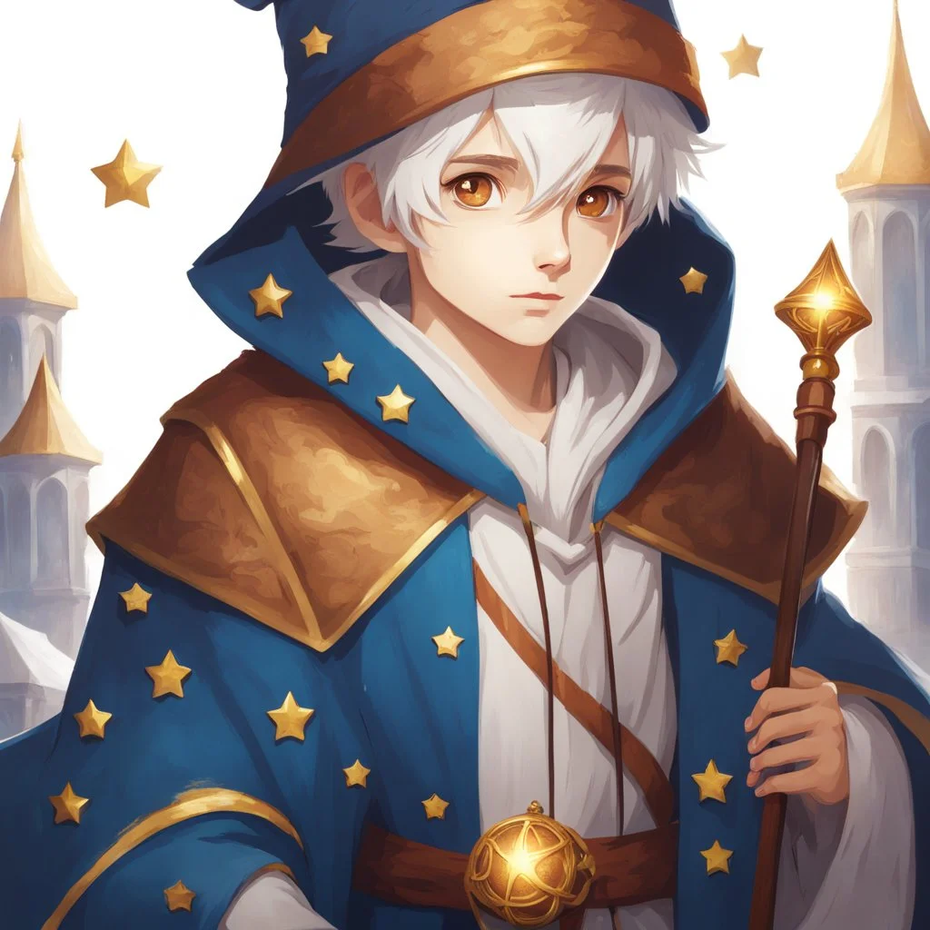 4K, Fantasy World, A boy only wearing a closed wizards robe, and wearing a wizards hat. White Hair. Golden Eyes with no pupils.