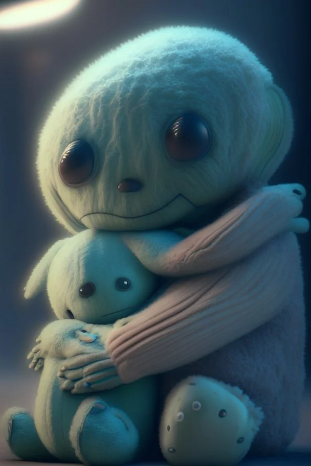 Alien hugging a teddy bear, artstation, HD, octane render, 8k resolution