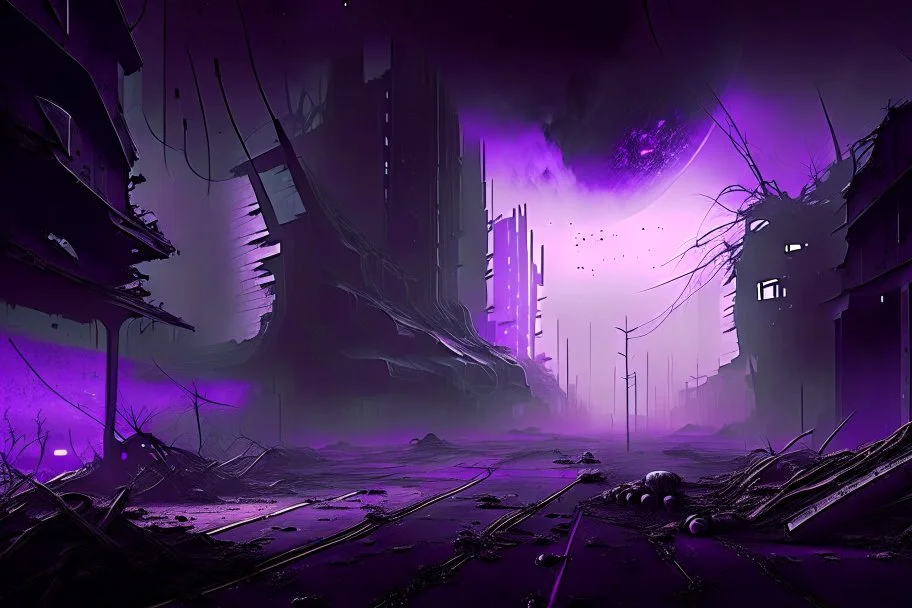 Intact & Functional Sci-fi Colony, Inside Destroyed City, Street View, Dense Purple Fog, Dead Soil, Broken Roads ,Black Night Sky, Stars, Space, Distant Alien Planets