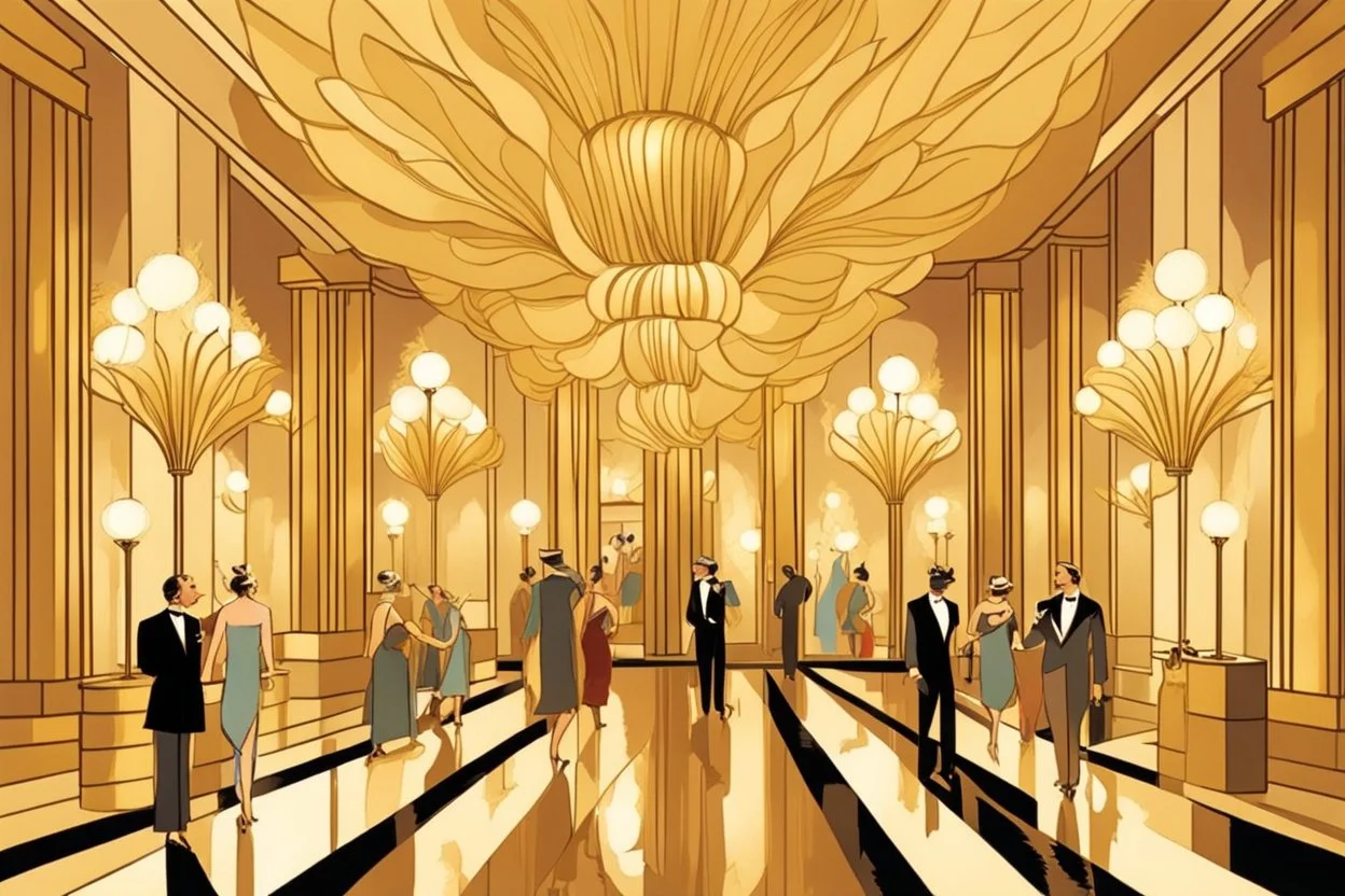 Inside an Art Deco Opera foyer, with mirrors and brass sconces, incandescent, gleaming, people in glittering extravagant costumes with feathers