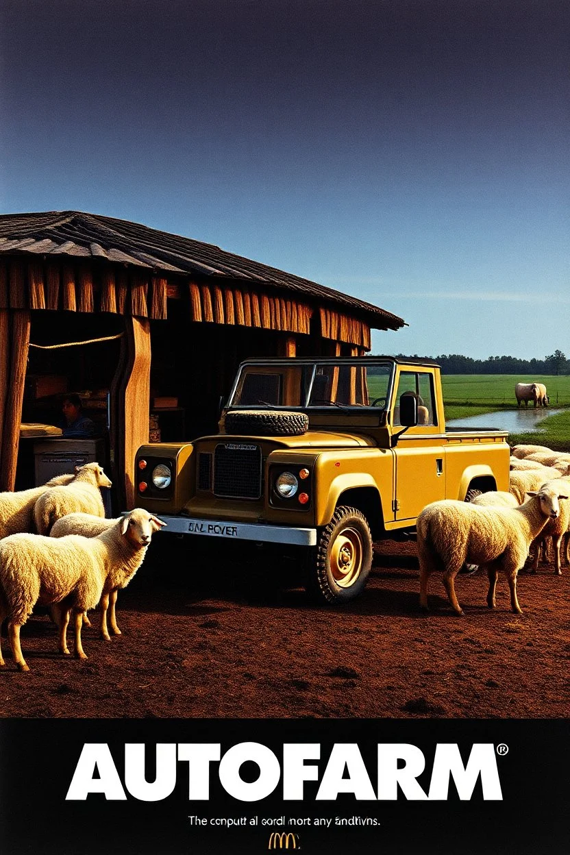 nike print ad from the 80s, mcdonalds ad from the 80s, mac computer ad from the 80s, featuring a landrover being fixed at a farm. sheep are all over the place, company name in bold (AUTOFARM), nike print ad style, mac computer ad from the 80s