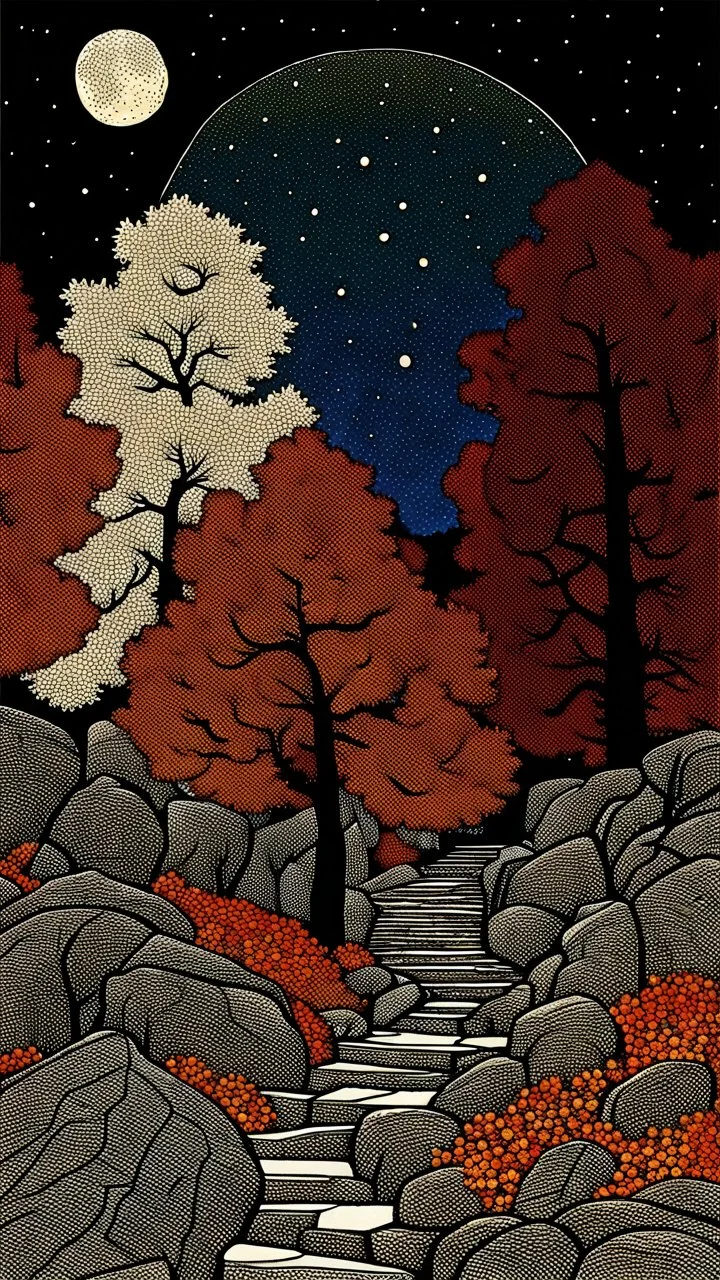 Autumn colors, peaceful, Egon Schiele, Max Ernst, night sky filled with galaxies and stars, rocks, trees, flowers, one-line drawing, sharp focus, 8k, deep 3d field, intricate, ornate, one million strokes