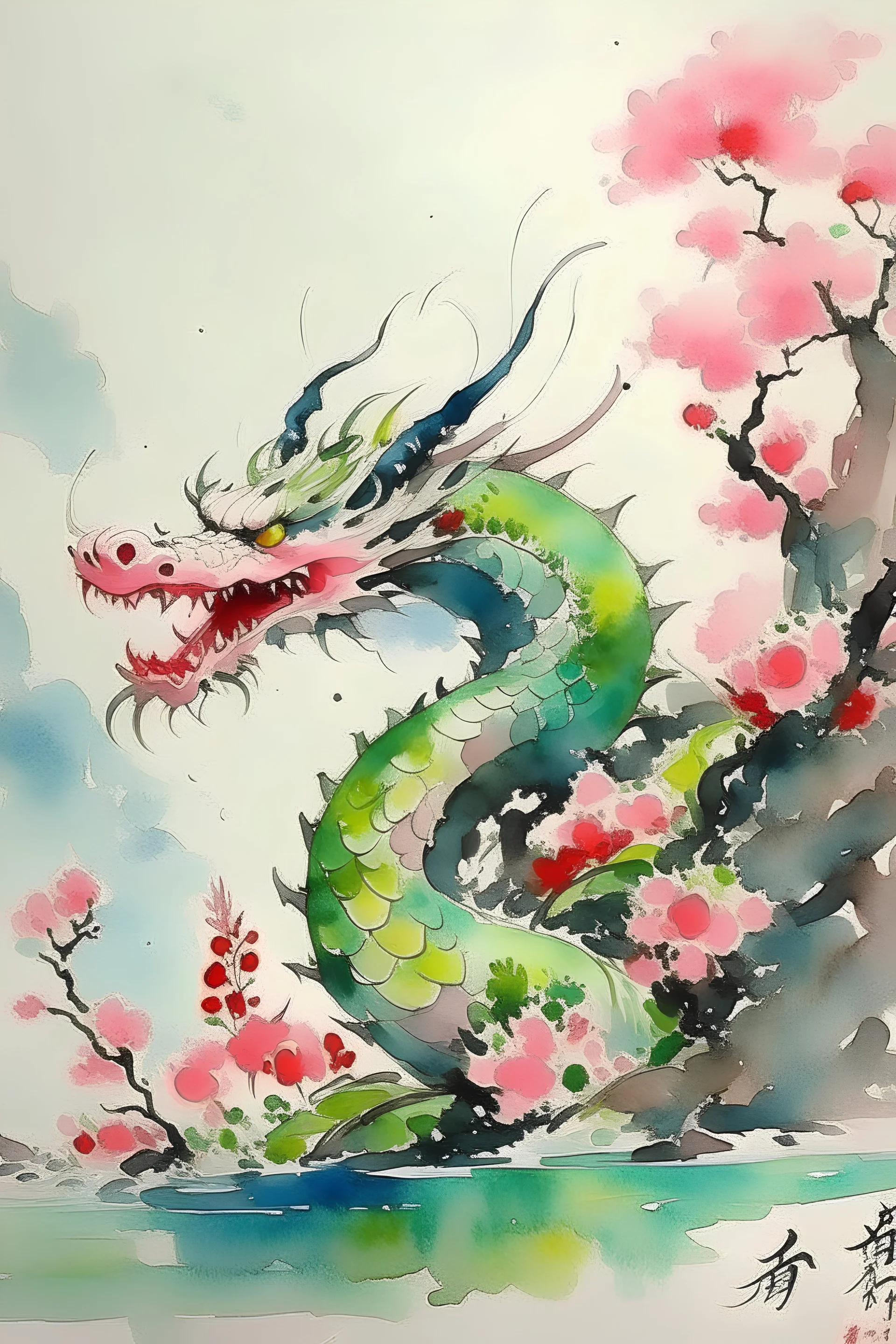 pink Chinese dragon painted by Wu Guanzhong,very cute,watercolor,