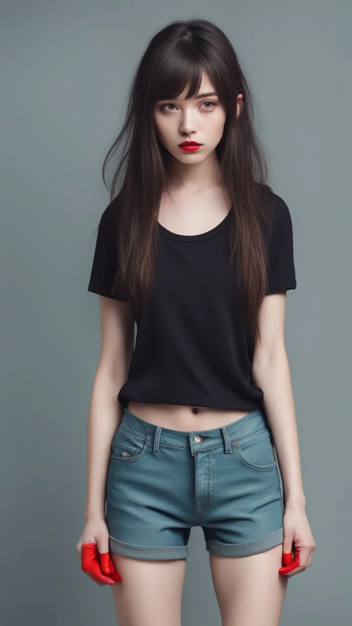 generate a full-length girl with gray-green sad eyes, with dark hair above the shoulders, a round face, not very plump lips, in a black T-shirt with a red print, short shorts, blue socks