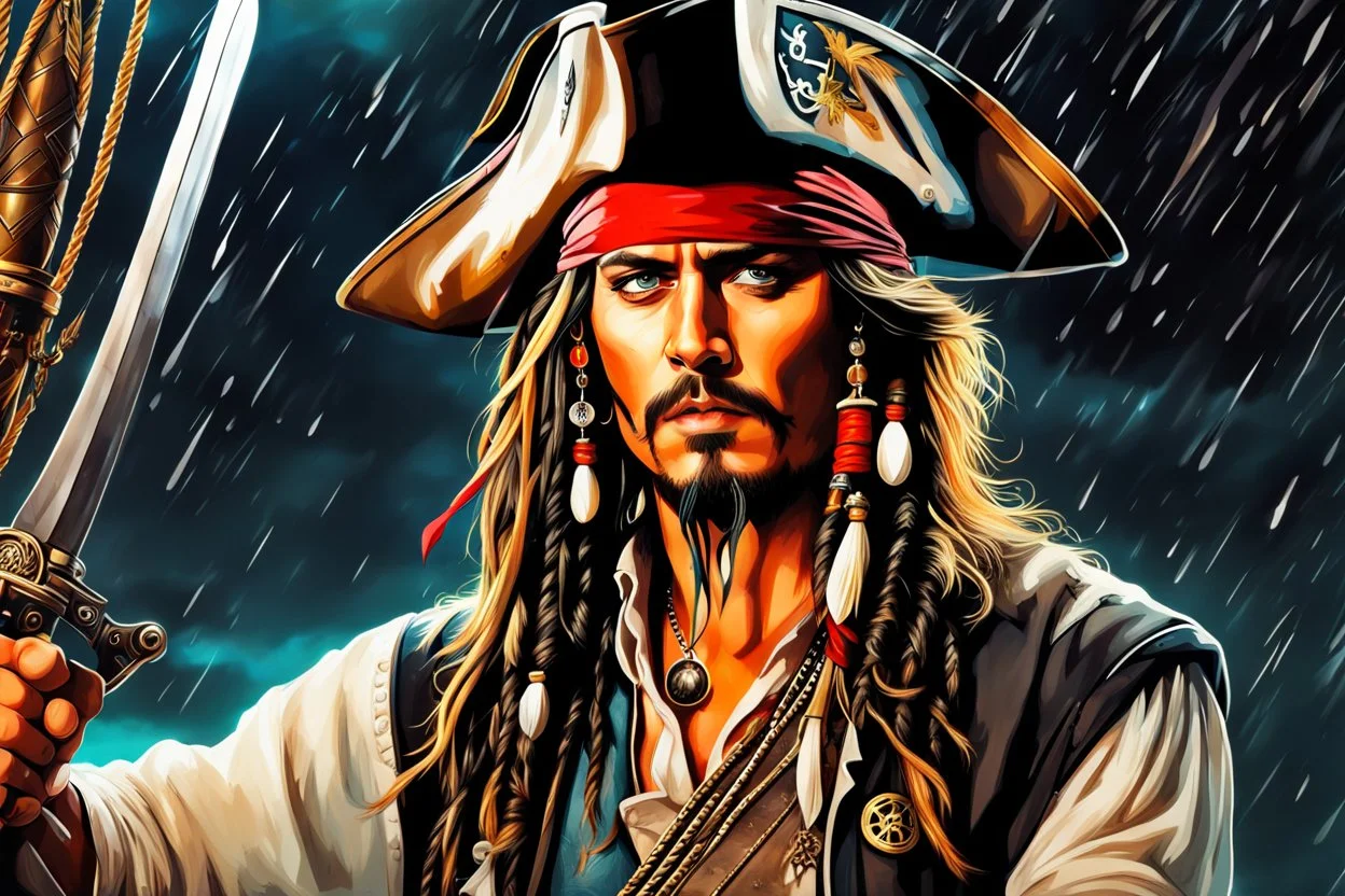 Johnny deep in 8k anime realistic drawing style, Jack Sparrow them, pirate custom, close picture, rain, neon, intricate details, highly detailed, high details, detailed portrait, masterpiece,ultra detailed, ultra quality