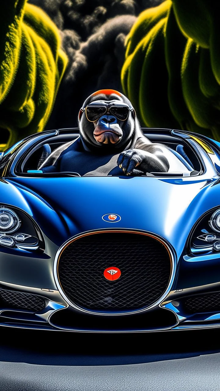 Make a ape drive a Bugatti with Sunglasses on