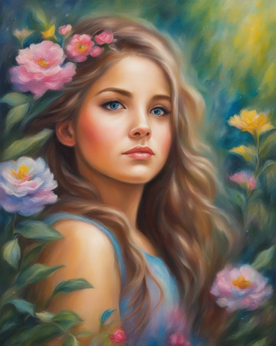 Oil pastel painting of a beautiful girl, fantasy, dream, forest, glitter background, beautiful, oil pastel painting, fantasy art, oil pastel very detailed, young girl, beautiful portrait painting, flowers, colorful, inspired by Thomas Kinkade, fine art, 8k