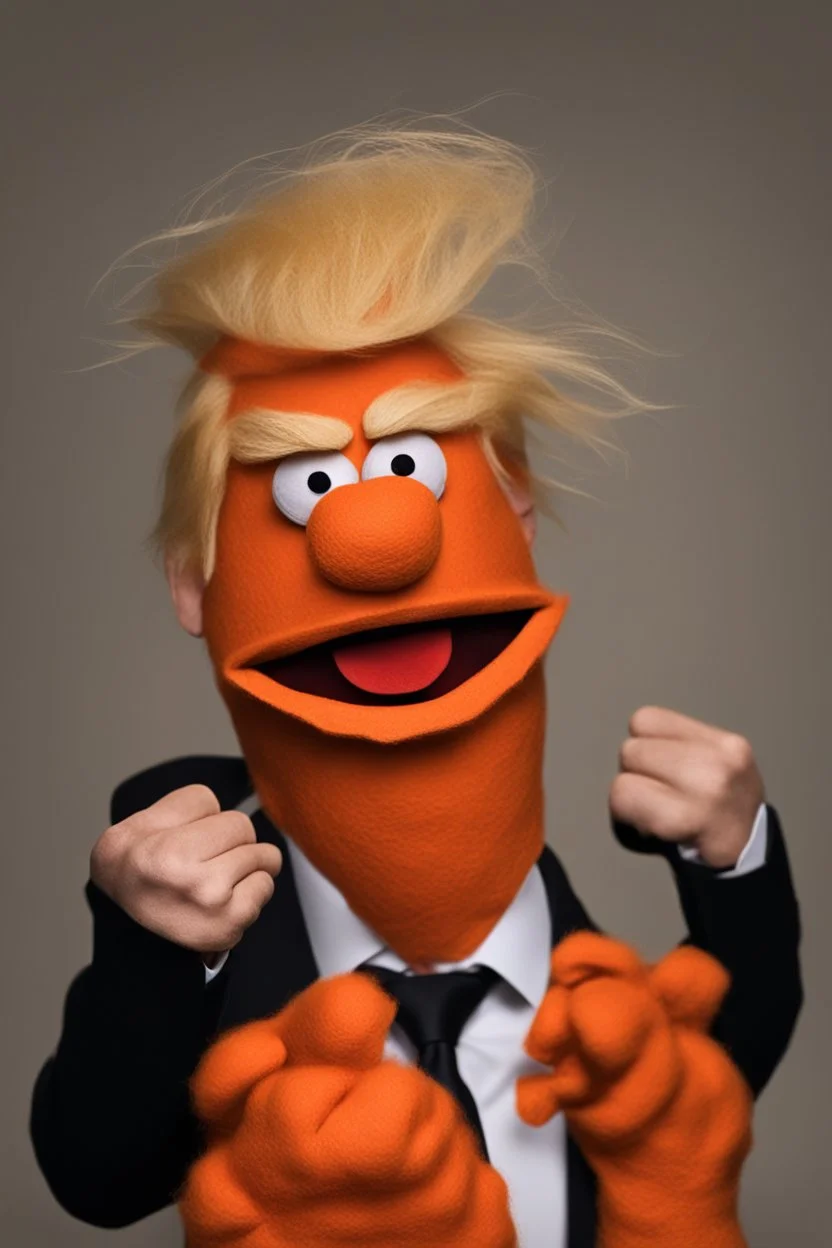 angry Donald Trump as an angry muppet puppet made out of orange felt from sesame street show, his mouth is a circle