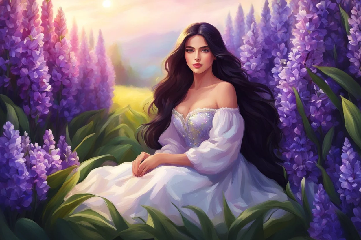 A beautiful girl is sitting surrounded by full of hyacinth flowers, long dark hair, shining eyes, digital painting style, high quality, 4k, correct body structure, correct face