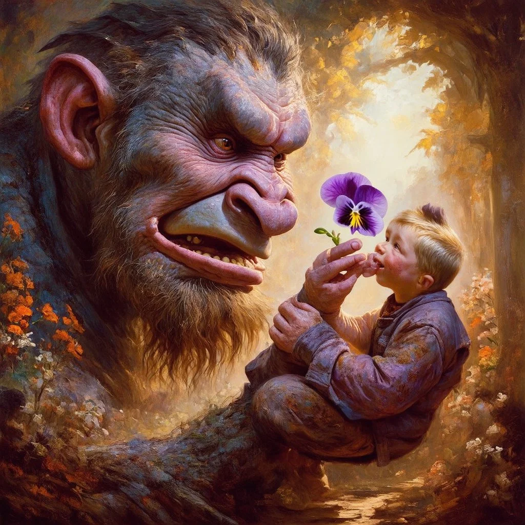 Kindness is everwhere Created in Remix: A grand Pre-Raphaelite style painting with intricate details, rendered in stunning 8k resolution. In the center, a colossal troll tenderly presents a delicate pansy on his fingertip to a young boy, capturing a moment of unexpected tenderness in a mythical world. Rich colors, intricate brush strokes, and emotional expressions elevate the scene to a masterful work of art.