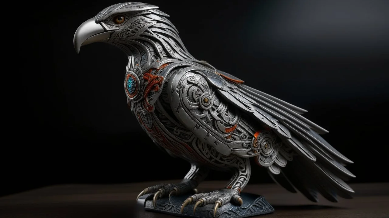 A gray metal elemental eagle designed in Maori sculptures painted by Zosan