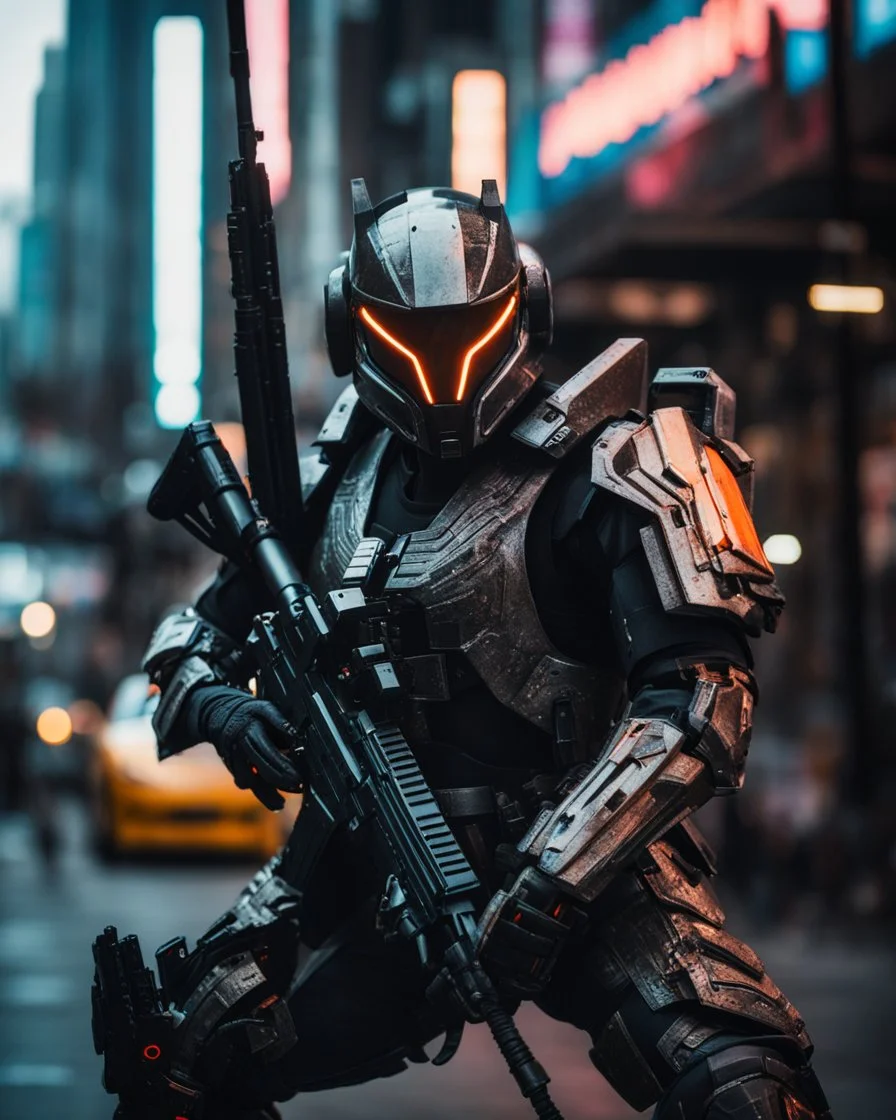 Naturalistic film style, natural light, film grain, cyberpunk mecha suit samurai and officer in armor suit posing aggressively with assault rifle. The character makes it's presence in the middle of a busy downtown boasting white armor and black skeletal body armor with bright neon lights detailing the bodies contours and exoskeletal outline.