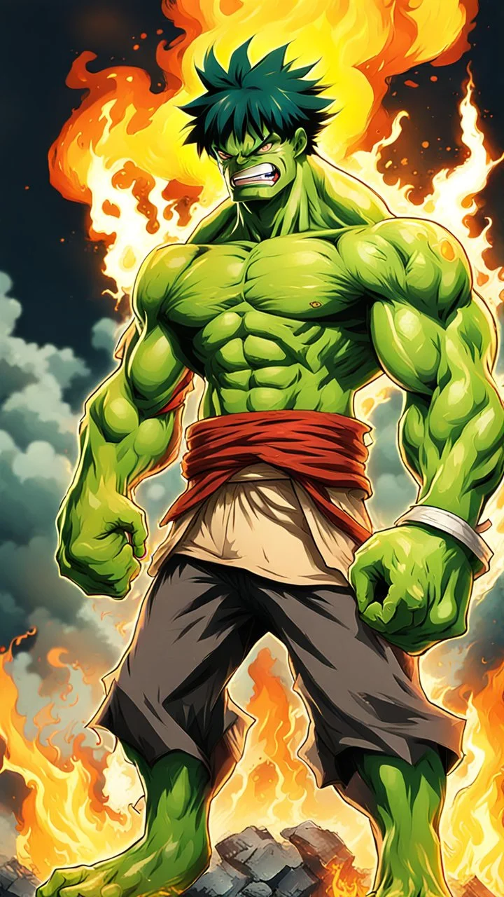 Hulk LIKE LUFFY WITH MANGA STYLE AND LIGHTENING BACKGROUND +DRAGON BODY + FIRE + YELLOW HAT