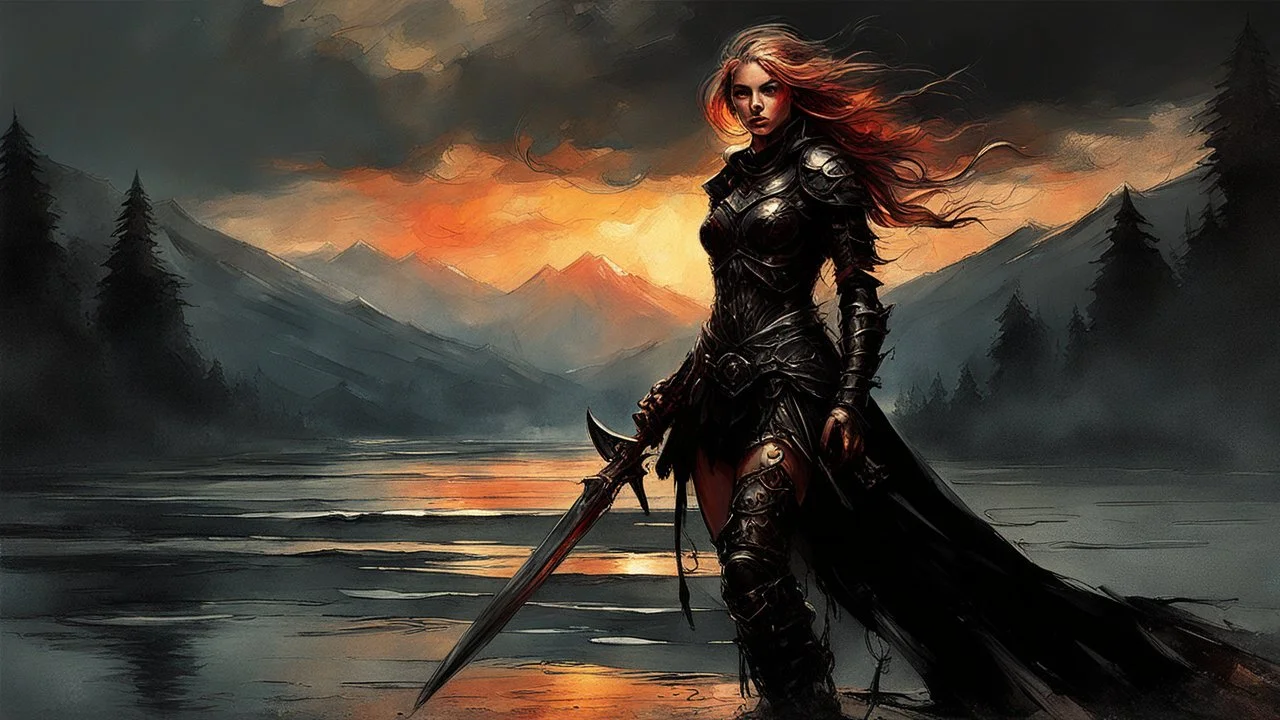 A formidable warrior girl in black armor, on the background Amazing gloomy landscape, flooded with sunset, mountains, trees, fabulous scary hero, , juicy emotions, painting, dark fantasy, gloomy day, dark world, portrait, by Anna Razumovskaya & Raymond Swanland & James Paick & Alyssa Monks