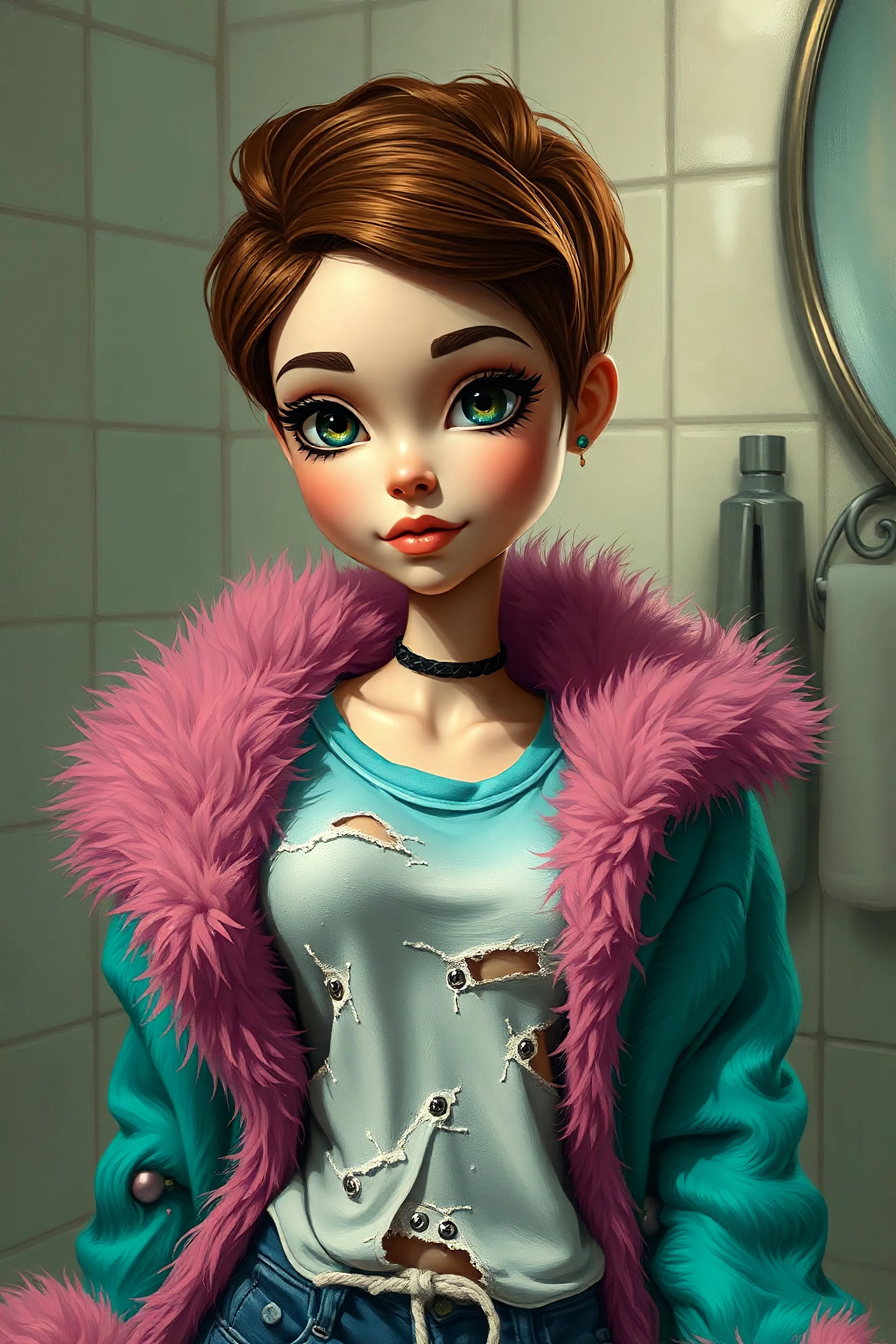 photorealistic impasto impressionist digital oil painting of a vintage styled cartoonish high Brats doll, brown hair, fur turquoise coat and torn t-shirt, , ethereal, in the bathroom,she has short hair like audrey hepburn