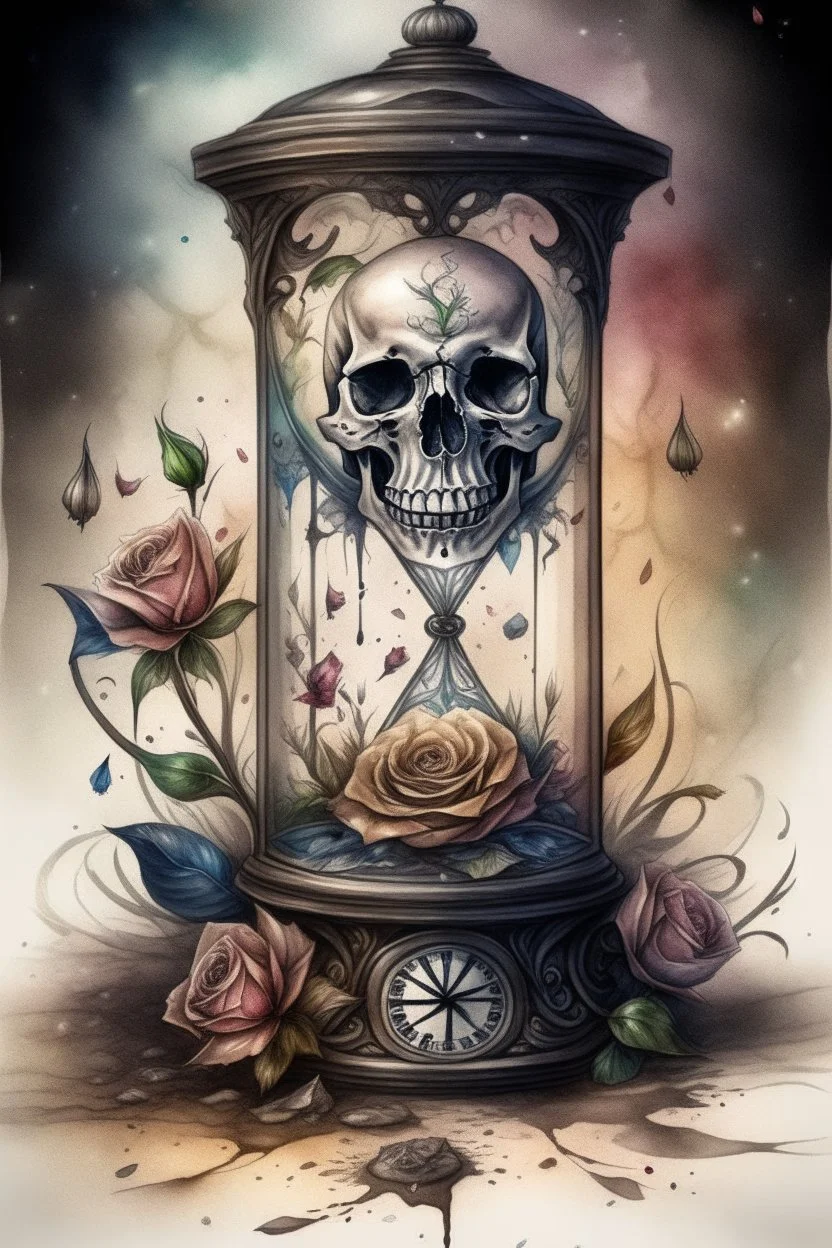 Watercolor drawing: Gothic black MULTICOLOR hourglass, black lace, pearls, black roses on a white background, trending on Artstation ::{creative commons}:: Illustration :: Color correction:: Filmic, Nikon D750, Brenizer Method, Perspective, Depth of Field, F / 2.8, Lens Flare, Tonal Colors, 8K, Full-HD, ProPhoto RGB, Perfectionism, Frame Illumination, Natural Lighting, Soft Backlight