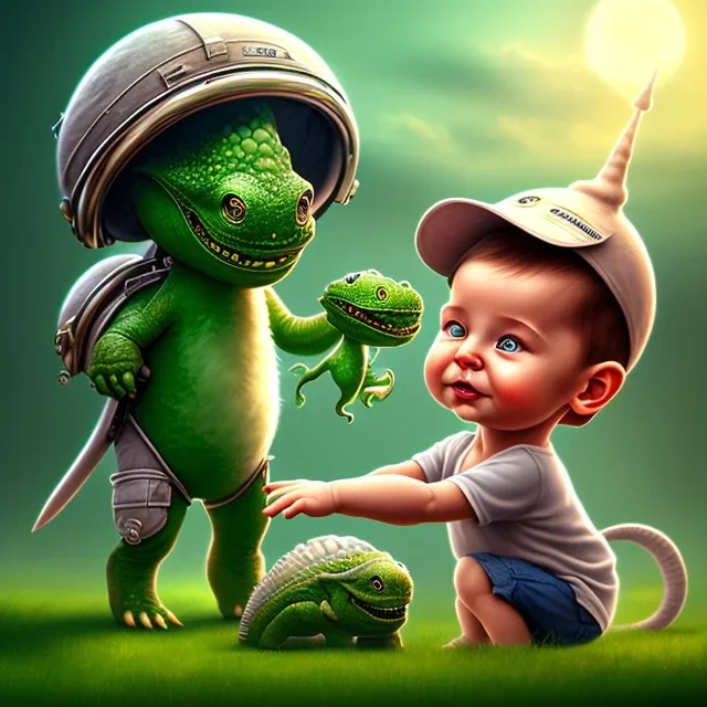 1yo little szymon is on safari onthe moon. petting a green dinosaur. he has big binoculars and a funny hat. High detailed. Cinematic. Digital painting. Warm lights.