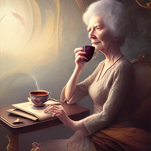 fantasy art, book cover, beautiful old woman drinking tea