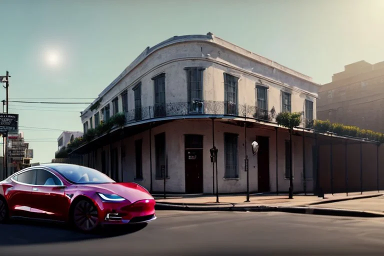 A Tesla 'Model Y' is parked, on the streets of New Orleans. (CINEMATIC, WIDE ANGLE LENS, PHOTO REAL)