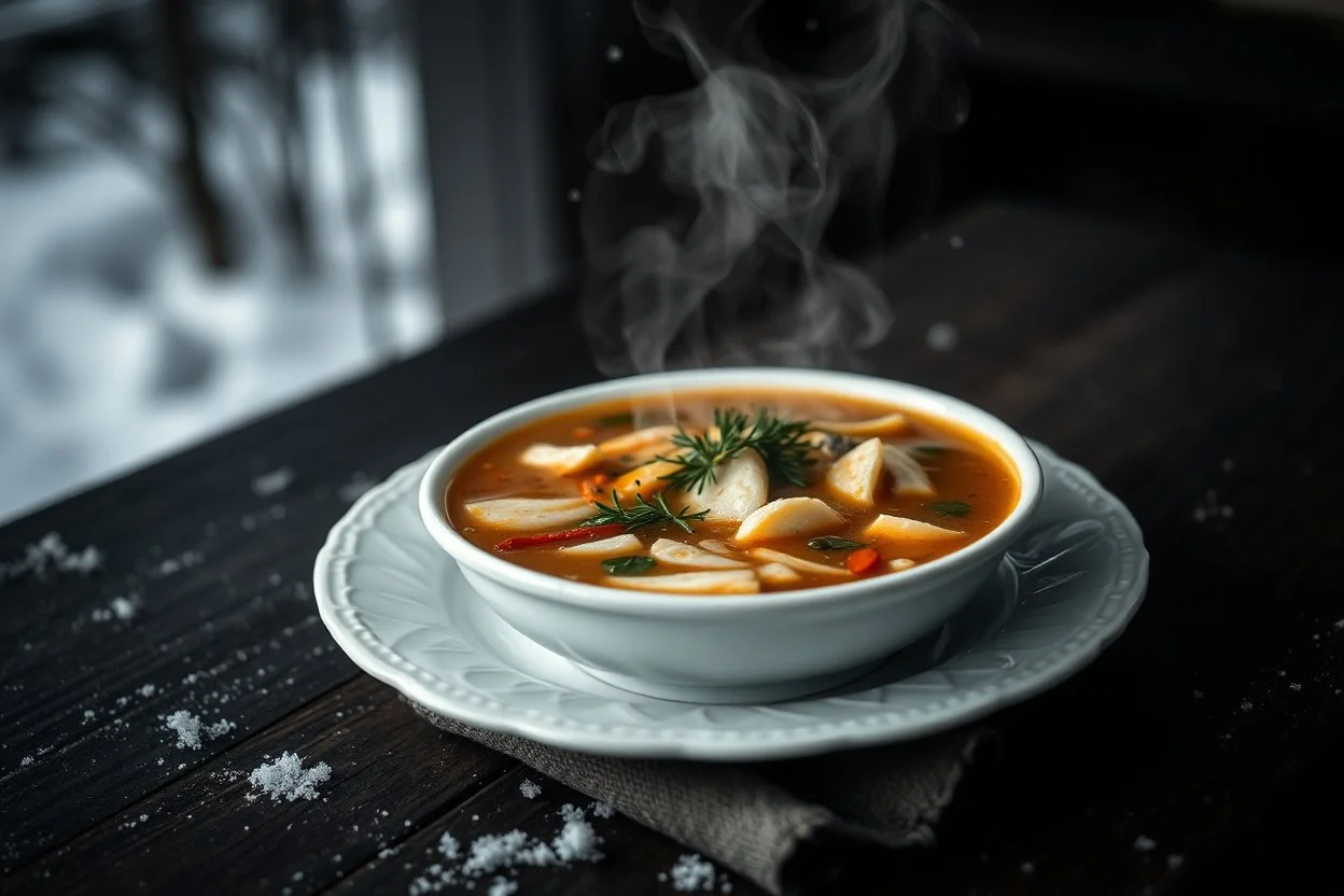 an old white plate of steaming soup, hig realistic, high contrast, sharp focus, gloomy mood, winter, blur background, perfect shot, perfect composition