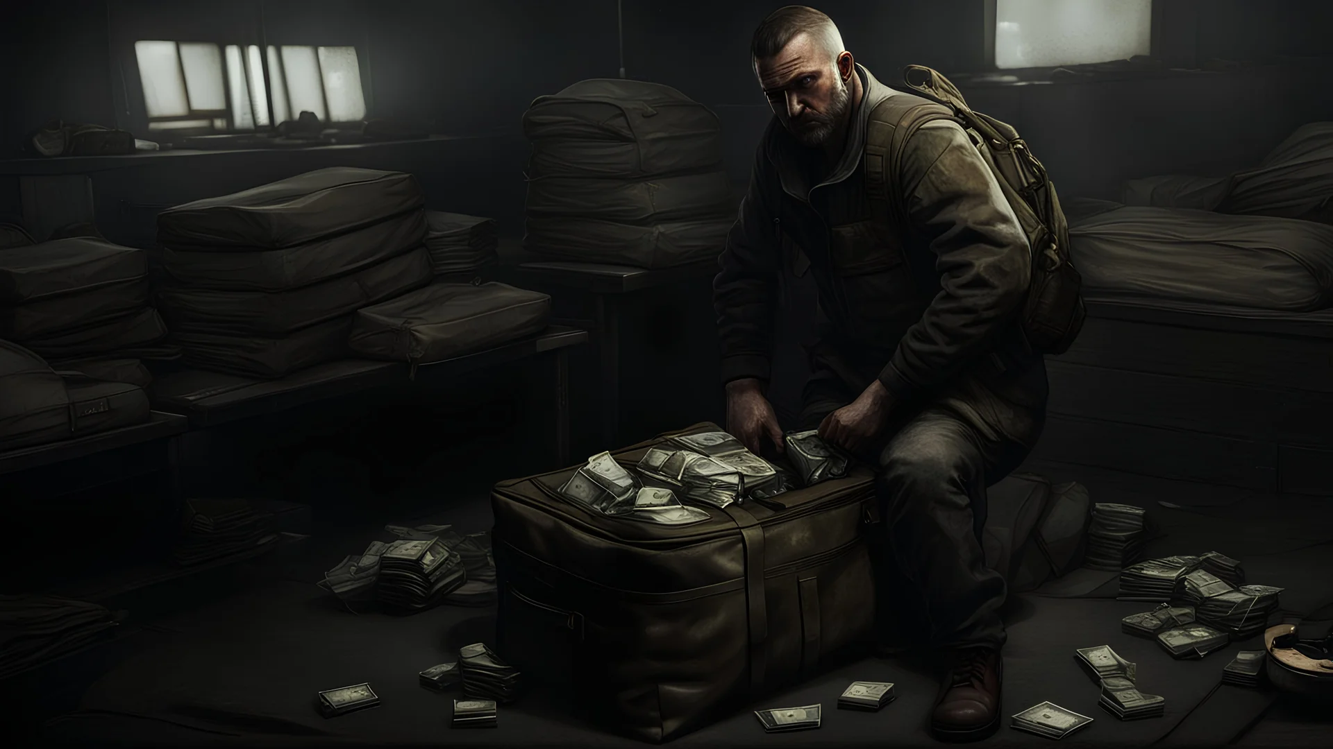 Escape from Tarkov a man holding a huge duffle bag of cash