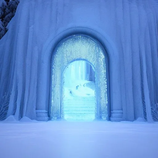 ethereal winter flowers, carved ice door at the end of ice steps, magical atmosphere, Beardsley, Unreal render, cinematic blue