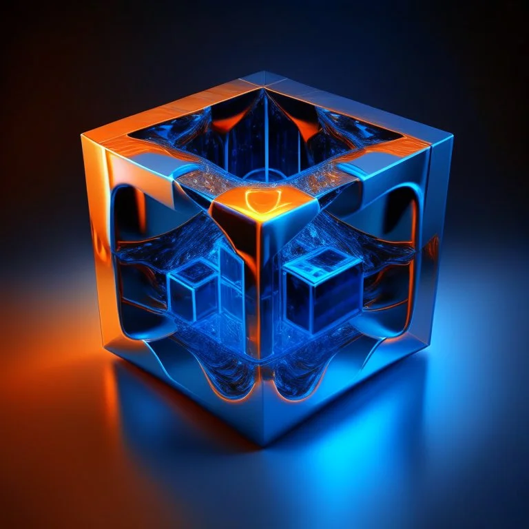 a blue metallic 4d Tesseract inside a 4d orange rotating cube in a four dimension environment