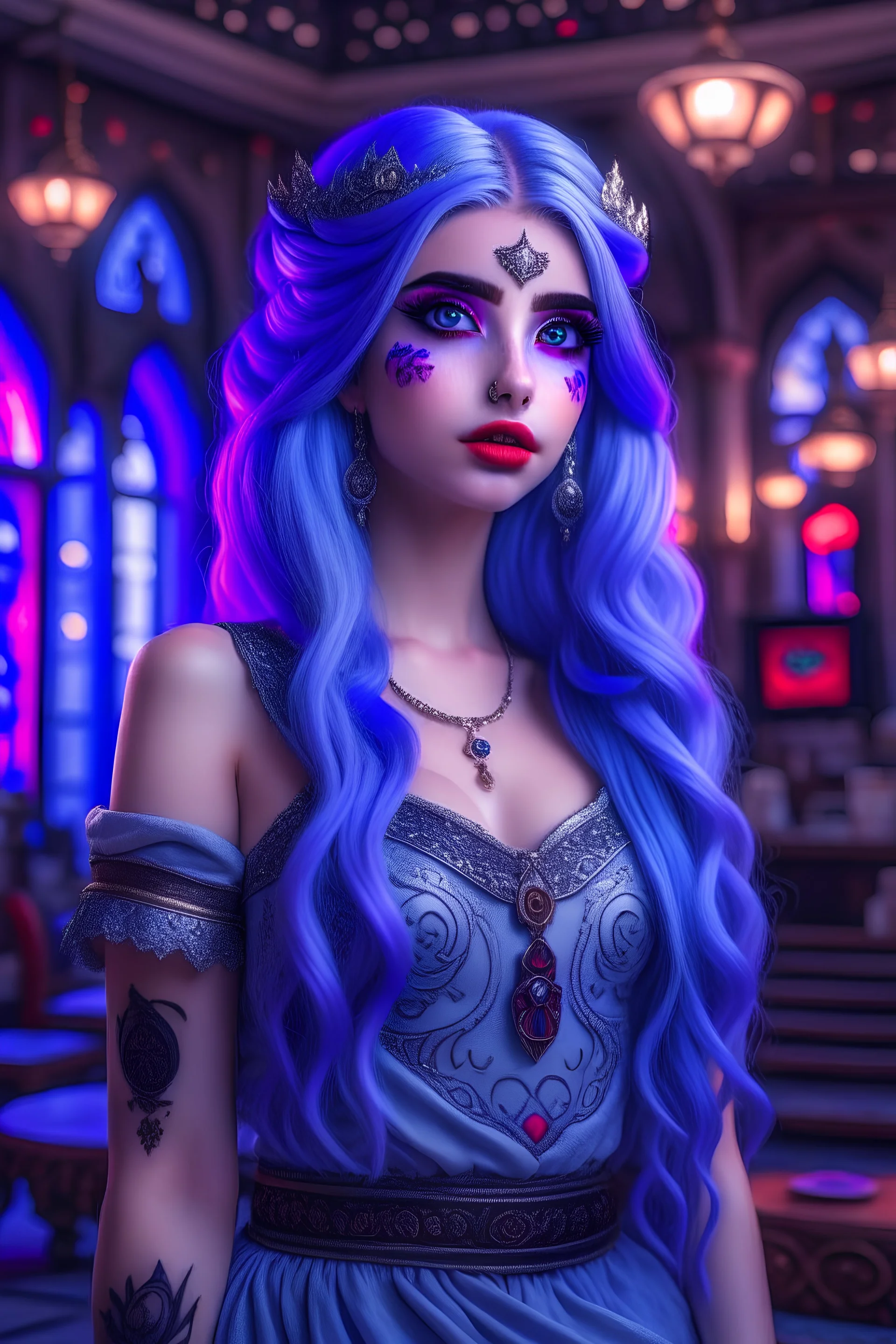 1girl, teen, white skin, HDR,UHD,8K, best quality, masterpiece, Cinematic Lightin, slender, indian style, Mashort eyebrows, purple eyes, devil pupils, parted lips, smile, swept bangs, braid, very long hair, light blue hair, stockings, high heels, tiara, long dress