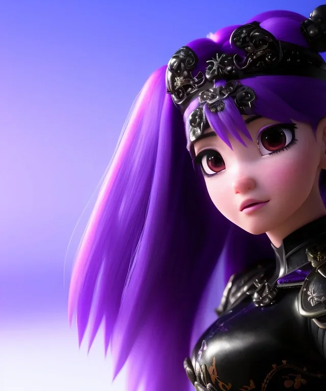 Detailed cute anime Kunoichi girl, purple hair buns, purple bangs, black latex bodysuit, intricate details, full body portrait, keep head in frame, slight smile, black Japanese motif, concept art, highly detailed, digital painting, concept art, sharp focus, illustration, art by Yoji Shinkawa, WLOP and greg rutkowski and alphonse mucha and artgerm and yanjun Chen and Junji ito and Makoto Shinkai, HDR, octane render