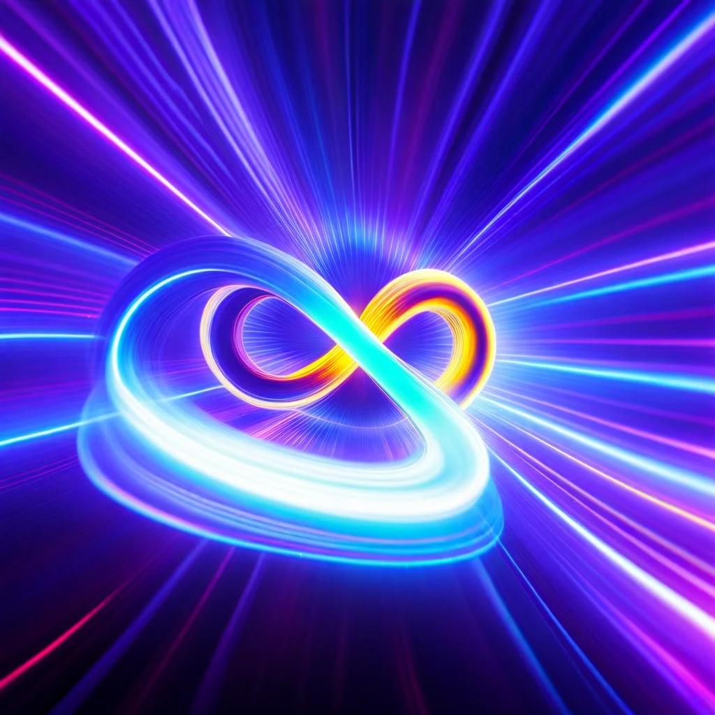 infinity symbol brightly coloured ∞ moving at warp speed, colours from infinity flowing through image with speed, DSLR with a 80mm lens, set to f/16 and a slow shutter speed of 1/15s, striking, neon, chiaroscuro, dramatic, captivating, powerful, fantasy, beautiful, octane render, 16k post-production, artstation: award-winning: atmospheric: commanding: fantastical: clarity: ultra quality: striking: brilliance: stunning colors: amazing depth; lens: f/11, 35mm