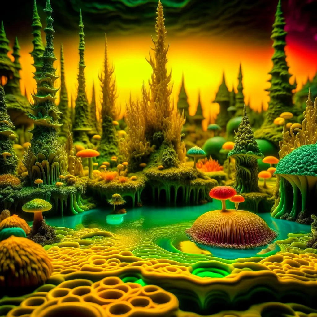 Odd swamp landscape with odd beings surreal abstract Max Ernst style, 120mm photography, sharp focus, 8k, 3d, very detailed, volumetric light, grim, fine art, very colorful, ornate, F/2.8, insanely detailed and intricate, hypermaximalist