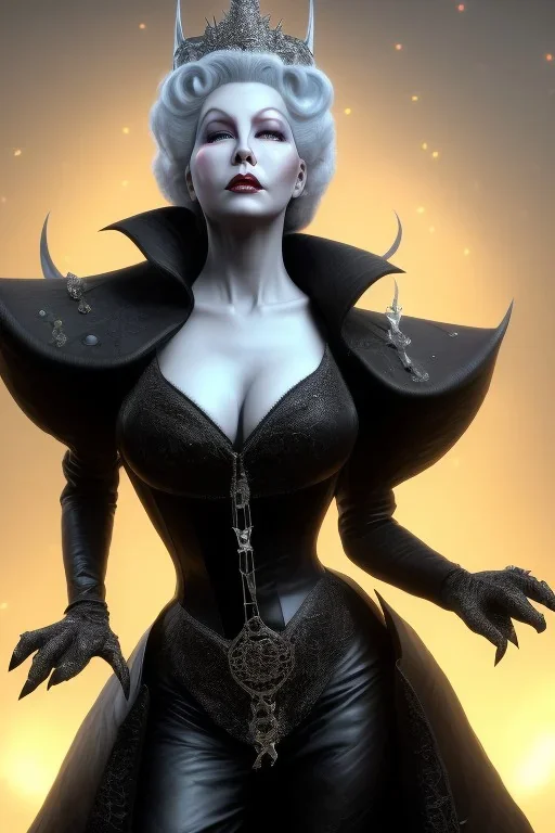 Mae West as evil queen in black leather, leather, busty, cleavage, angry, stern look. character design by cory loftis, fenghua zhong, ryohei hase, ismail inceoglu and ruan jia. unreal engine 5, artistic lighting, highly detailed, photorealistic, fantasy